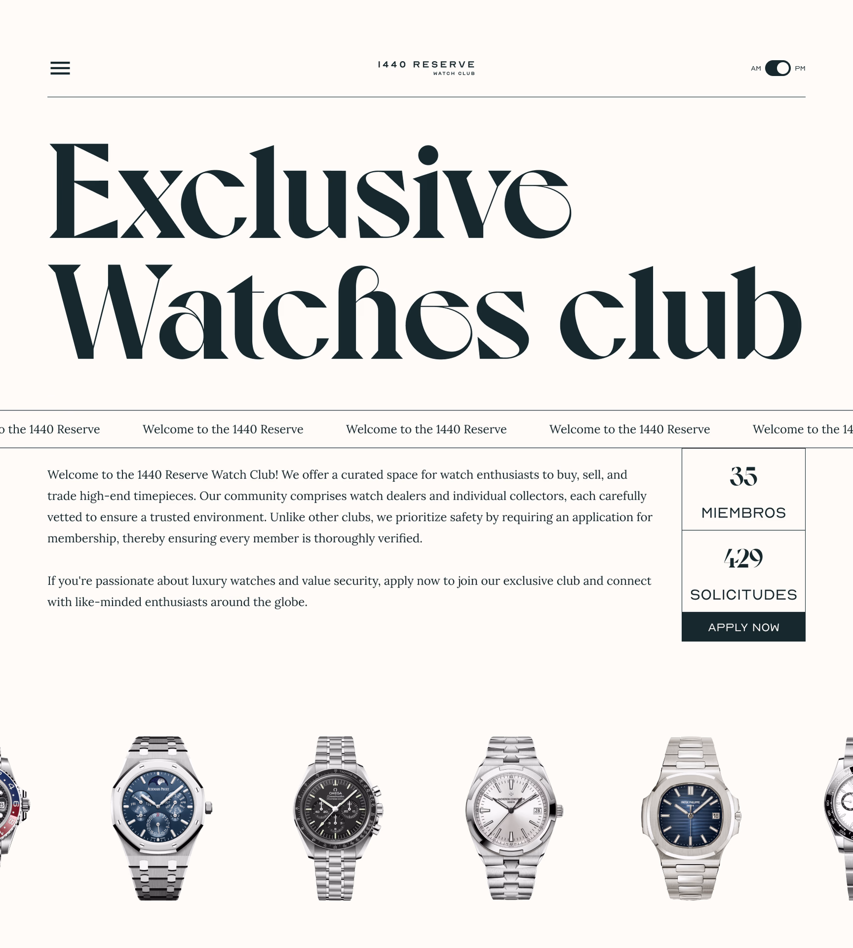 Portada de 1440 Reserve: «Exclusive Watches club» con carrusel de relojes