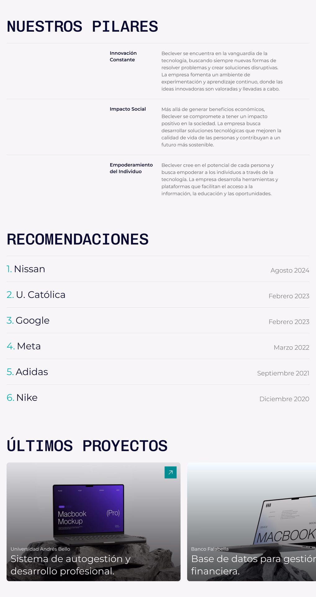 Secciones de pilares, recomendaciones de clientes y últimos proyectos