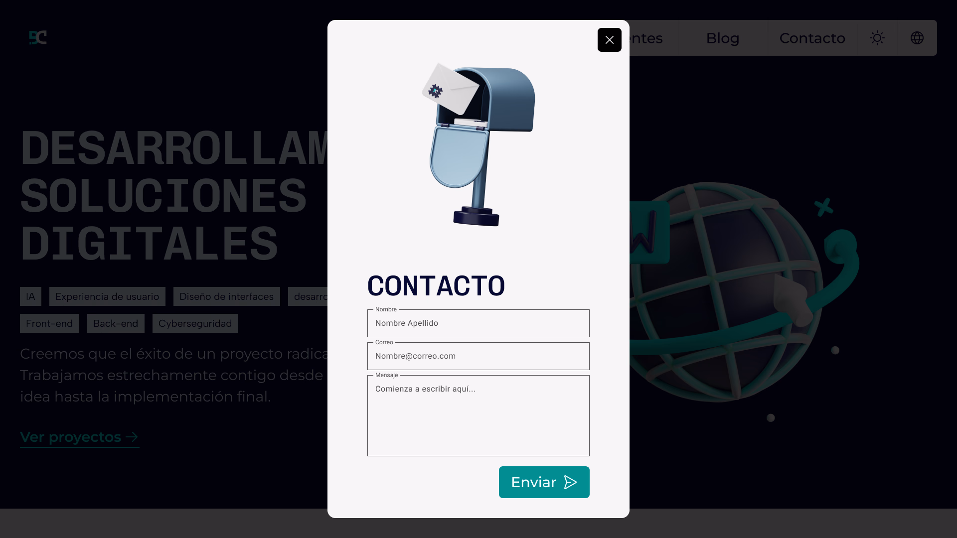 Modal de contacto sobre la página de inicio