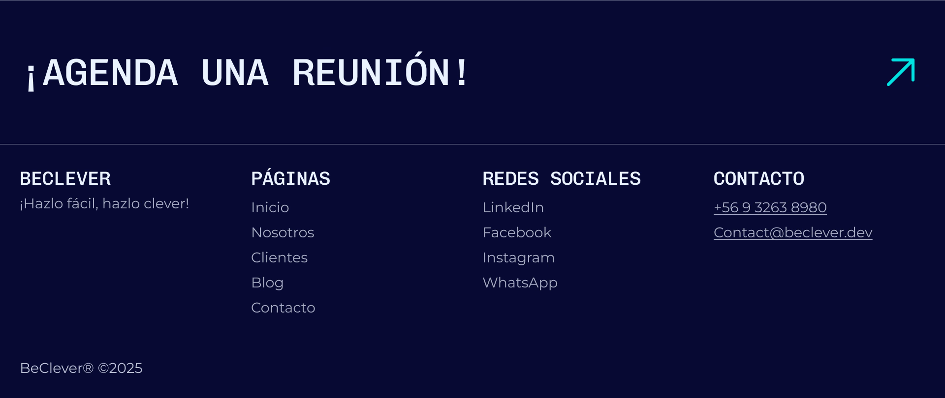 Footer de BeClever con el llamado «¡Agenda una reunión!»