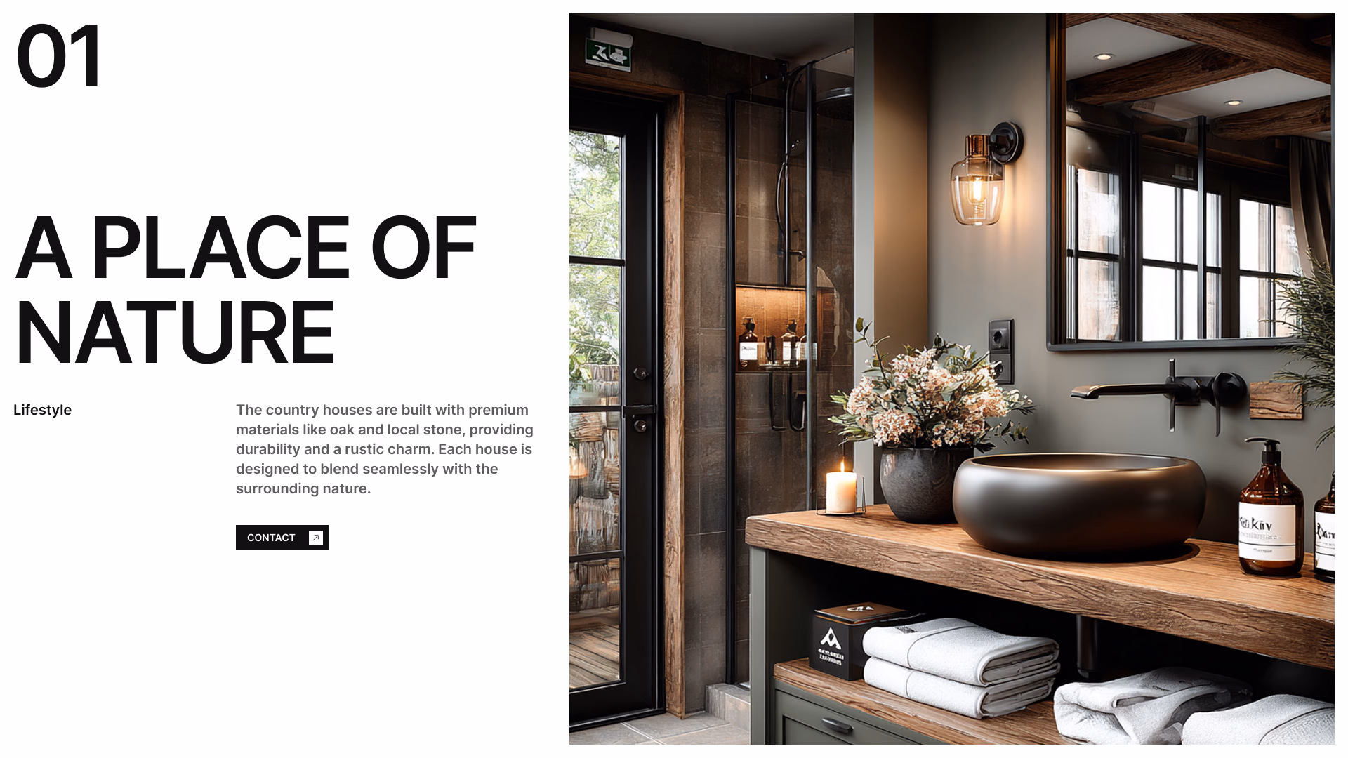 Sección «A place of nature» con baño de madera y piedra