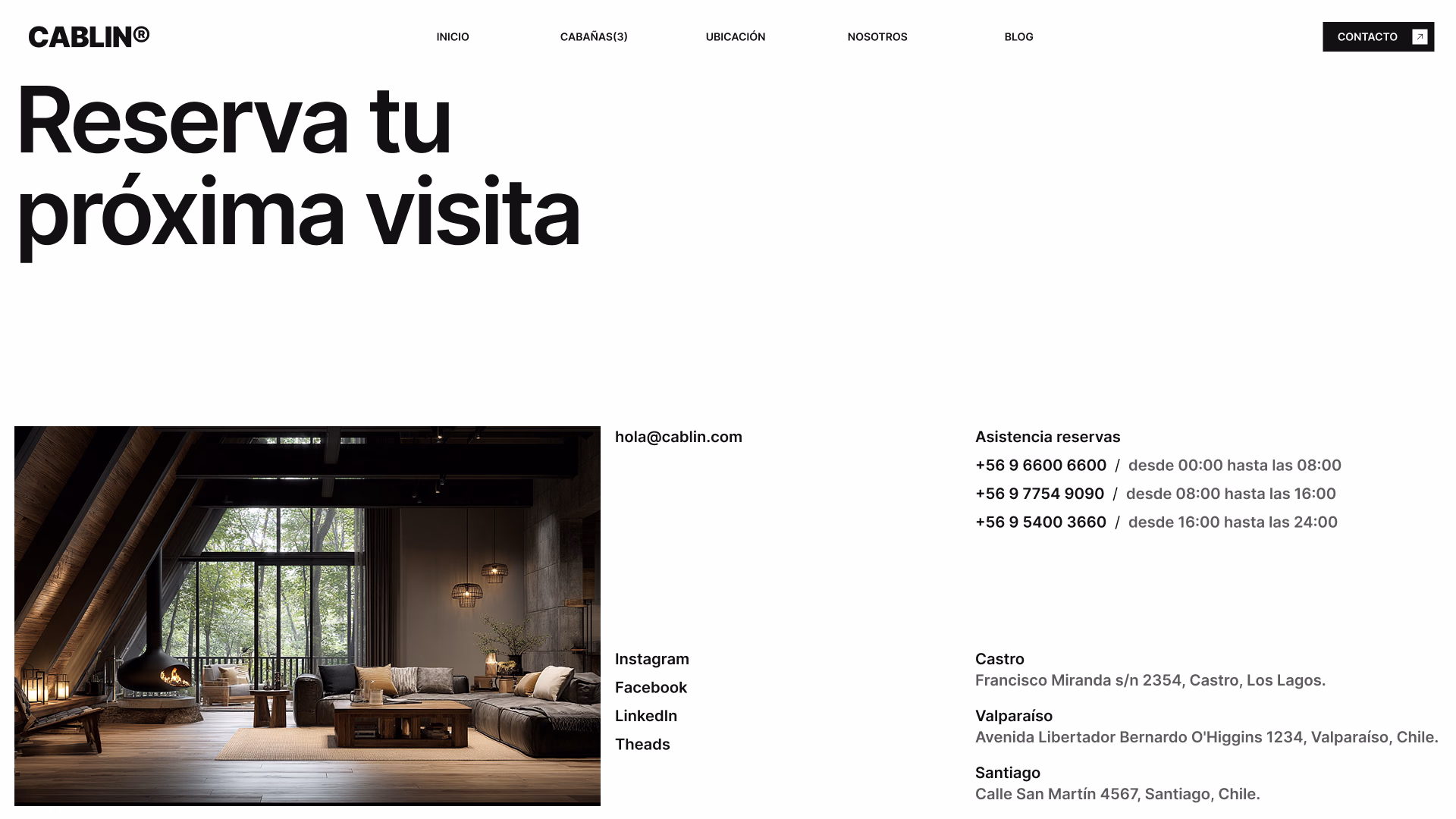 Sección «Reserva tu próxima visita» con datos de contacto