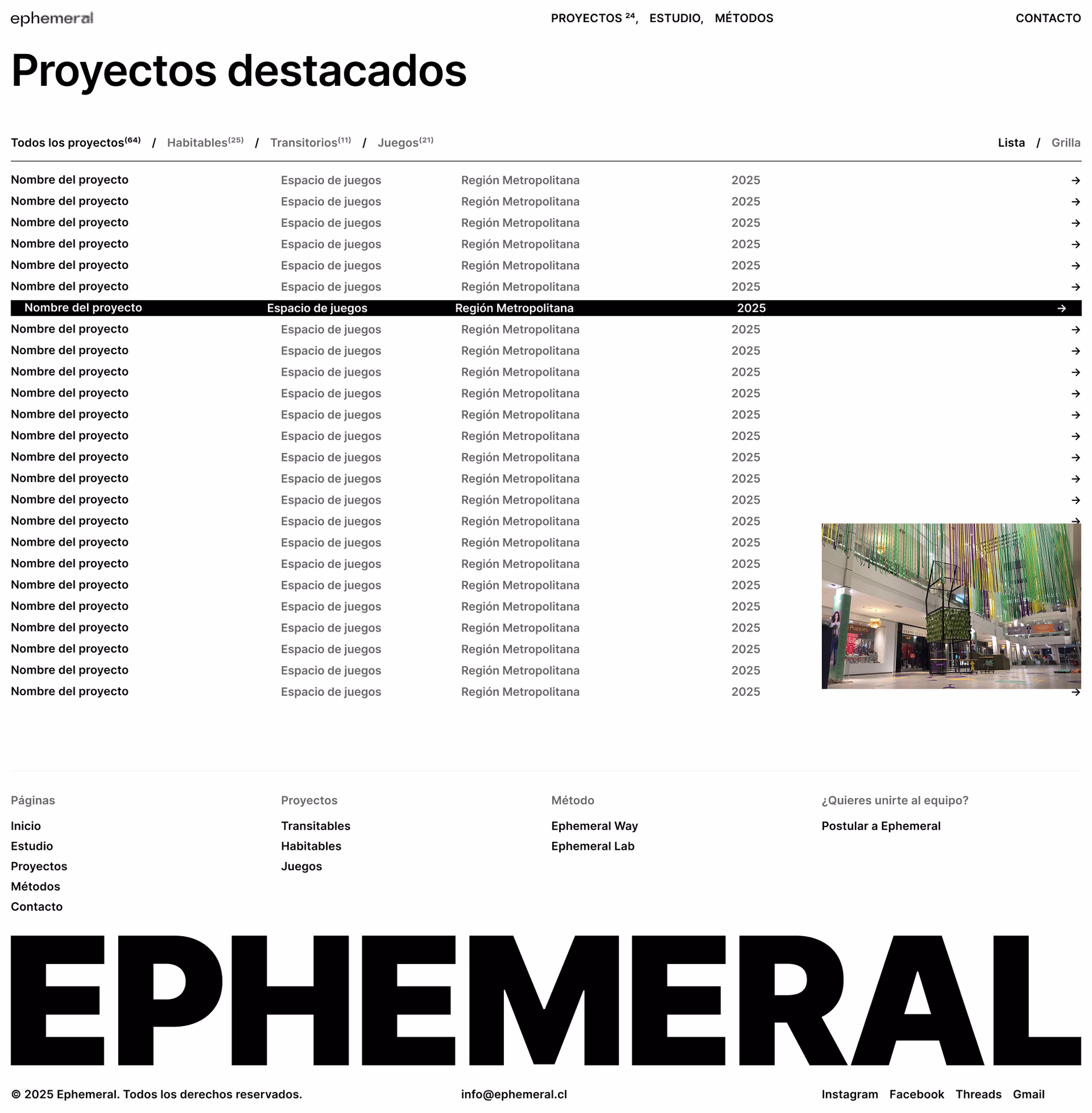 Listado de proyectos destacados y footer con el logotipo