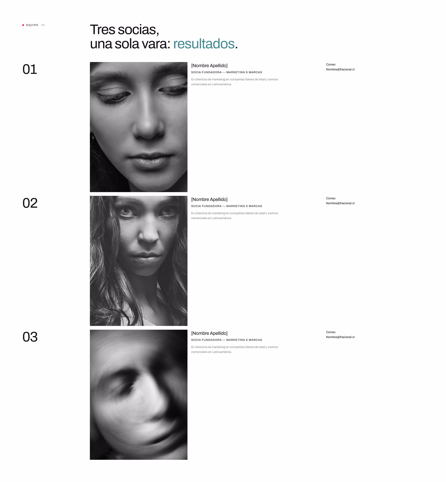 Sección de las tres socias con retratos en blanco y negro