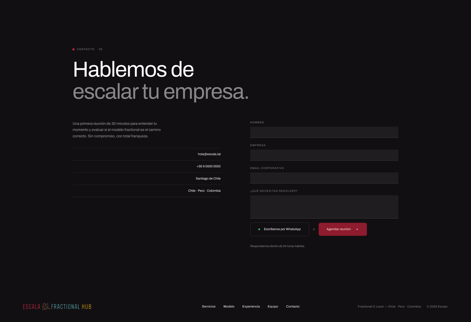 Formulario «Hablemos de escalar tu empresa» sobre fondo oscuro