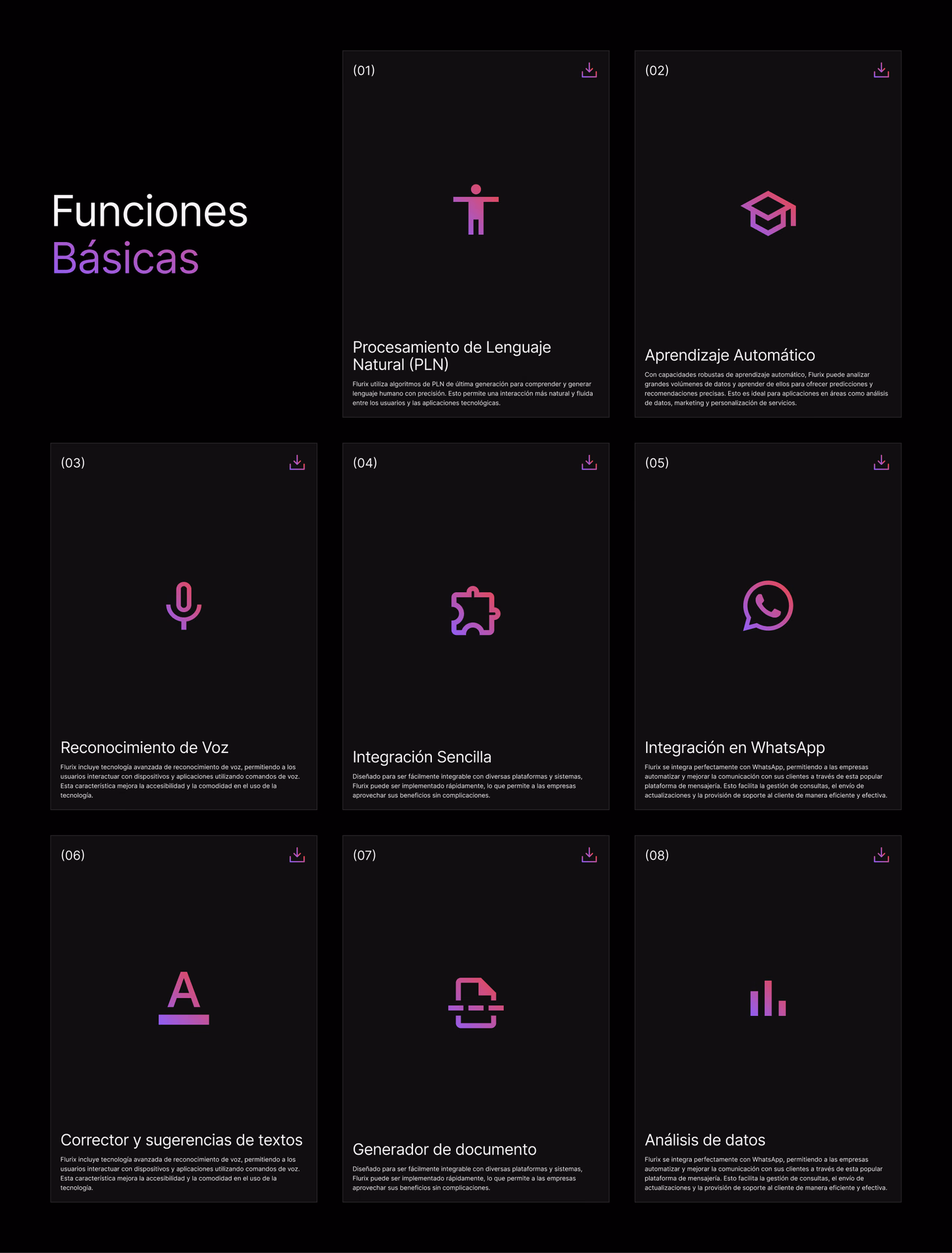 Grilla de funciones básicas con íconos en magenta
