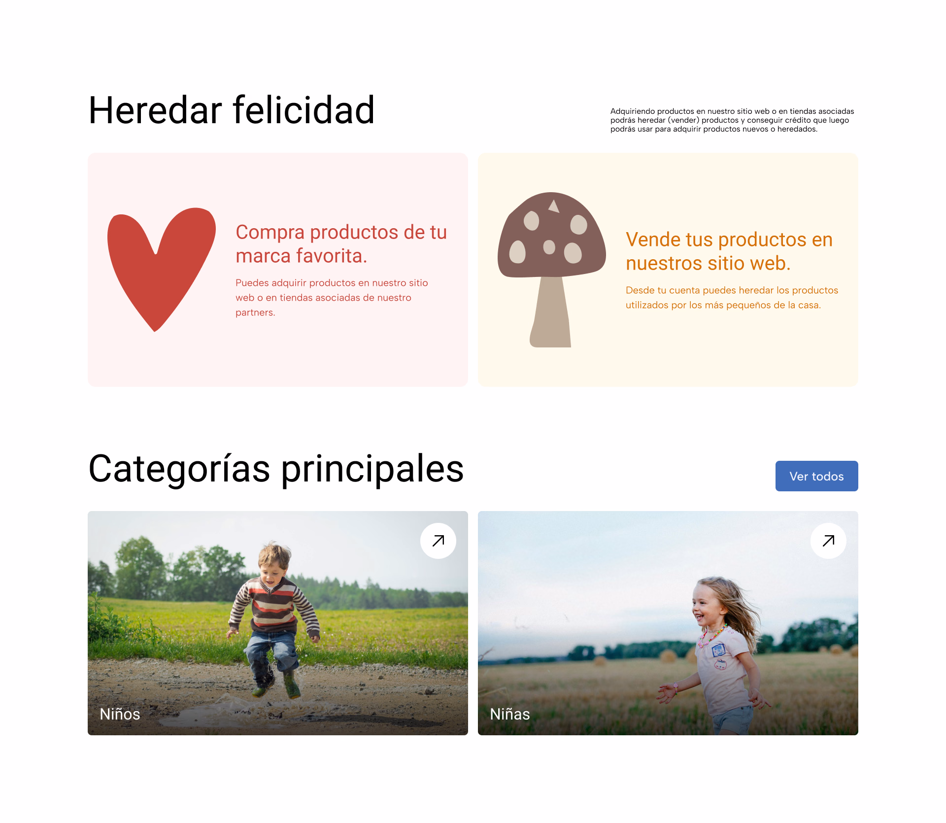 Sección «Heredar felicidad» con categorías principales