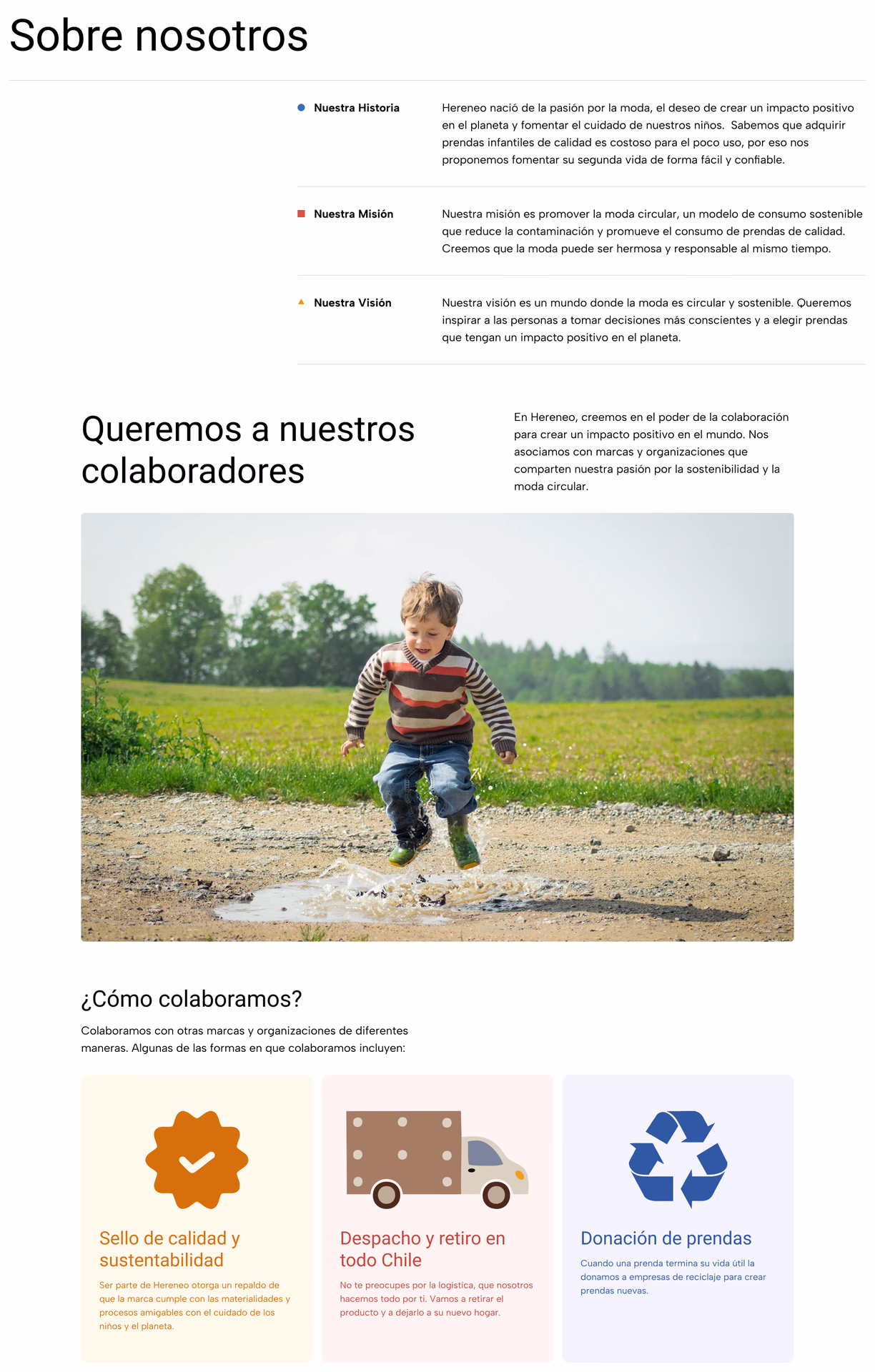 Página «Sobre nosotros» con colaboradores y beneficios
