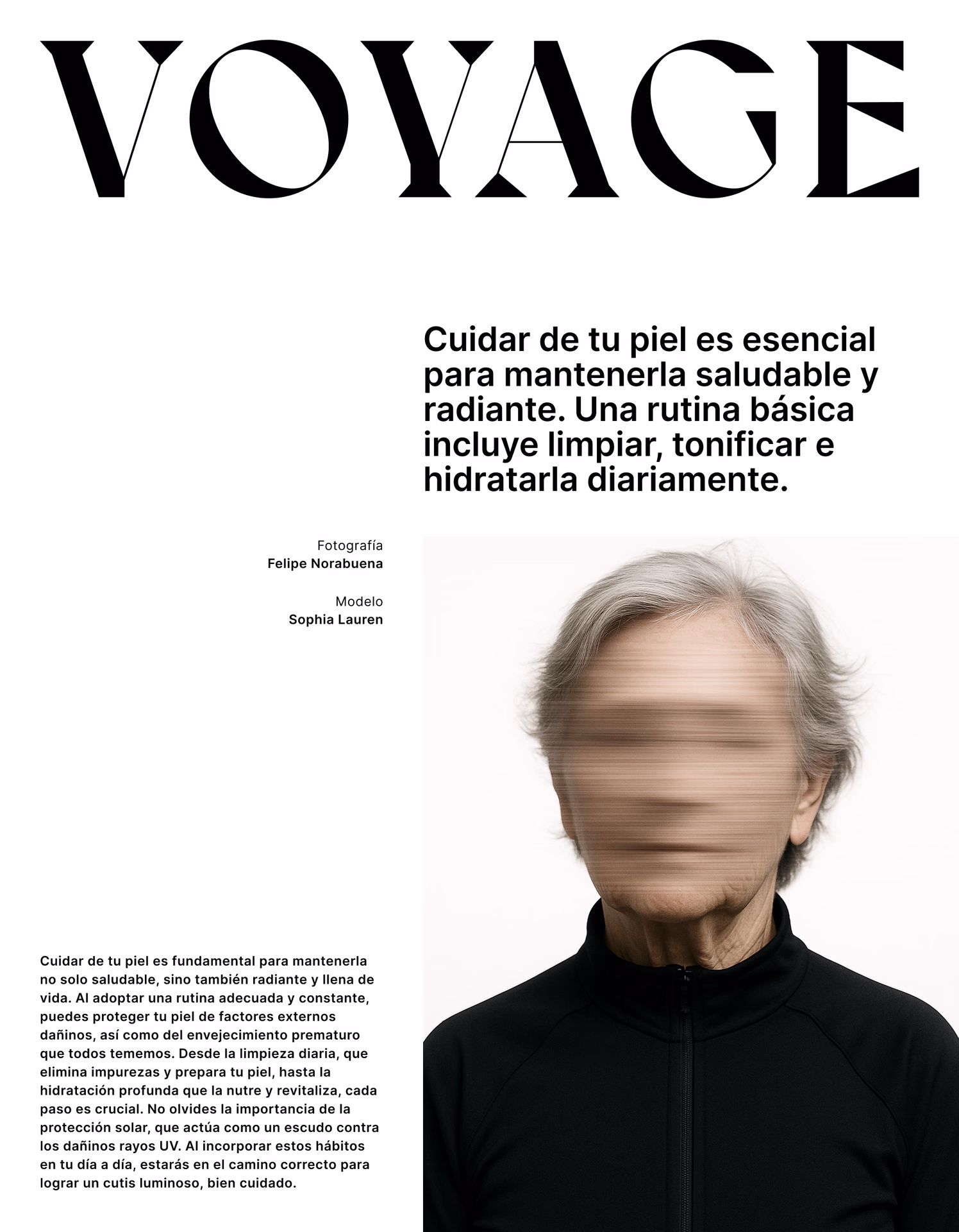 Portada de Nexus: composición «Voyage» con titular sobre cuidado de la piel y retrato de una mujer mayor