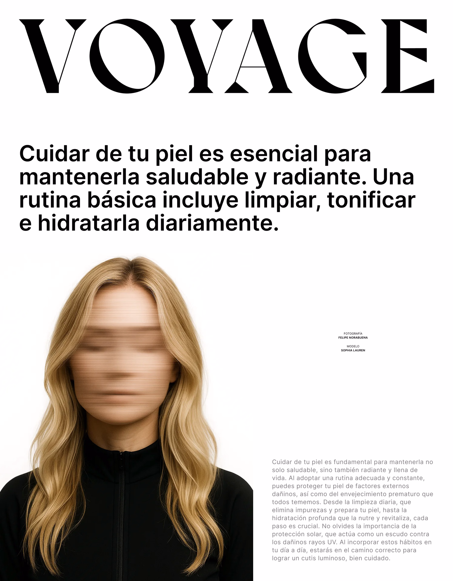 Composición «Voyage» con titular grande y retrato de una mujer de cabello rubio