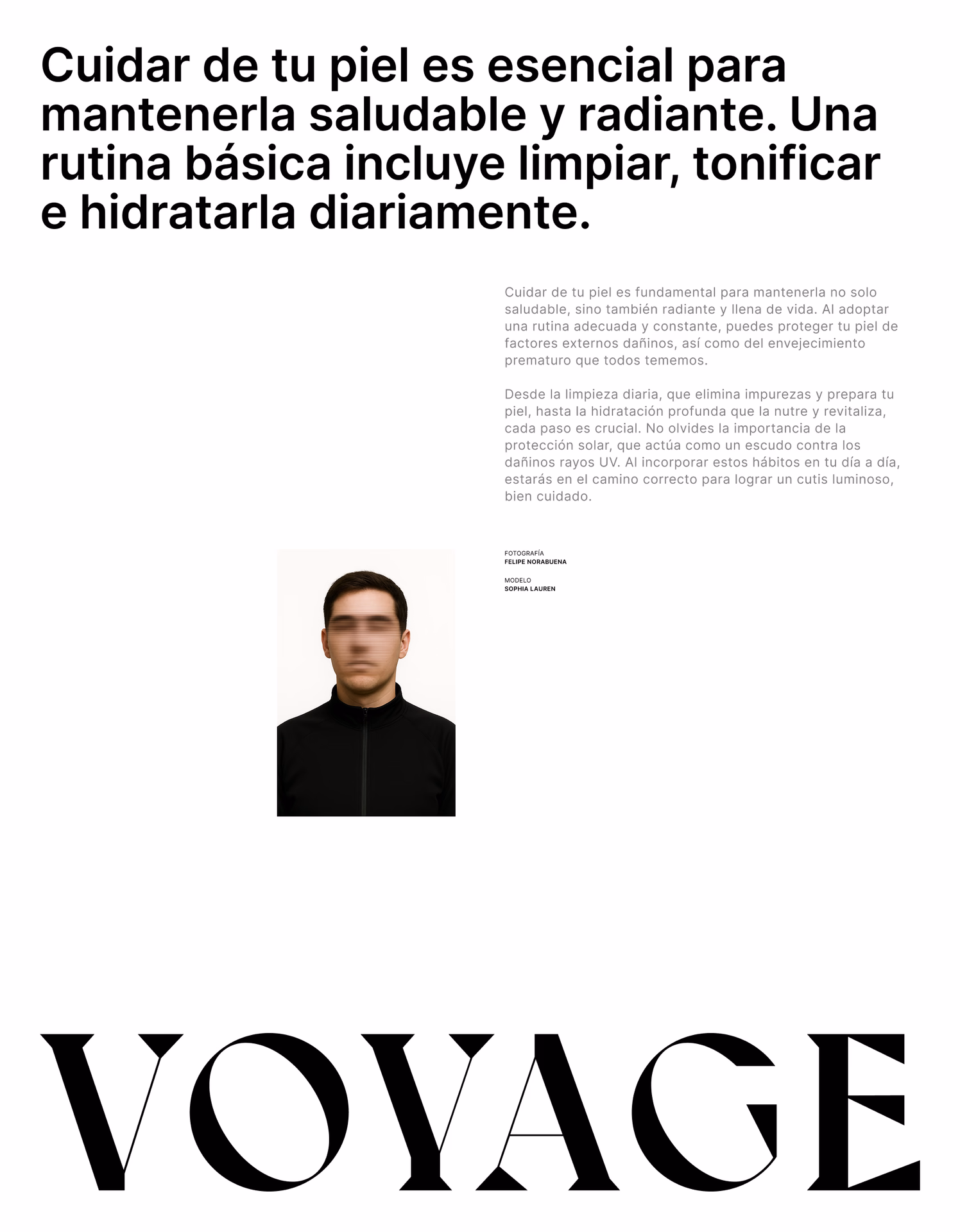 Variante de «Voyage» con texto en columnas, retrato masculino y logotipo a gran escala