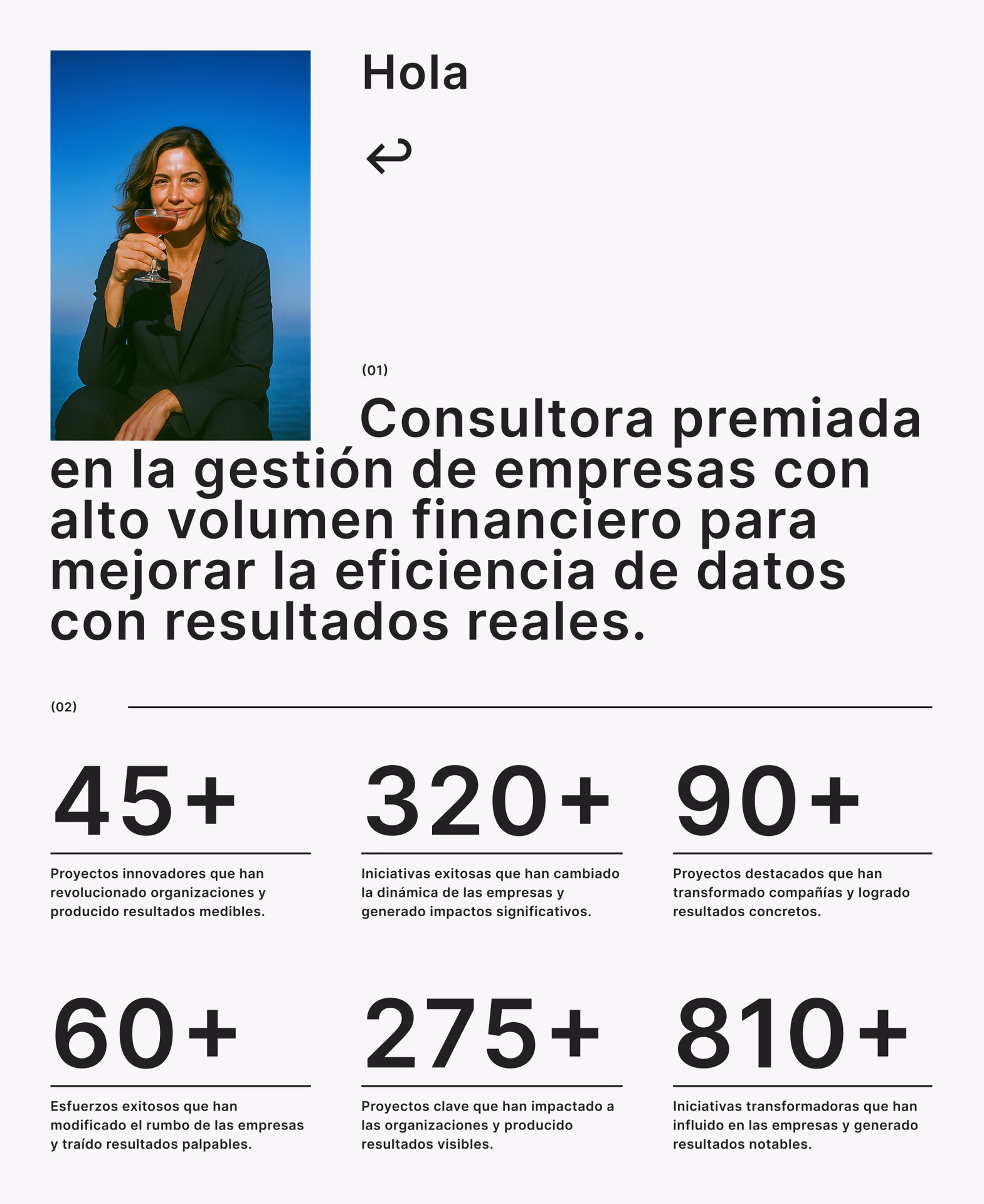 Layout para una consultora con retrato, titular y grilla de cifras