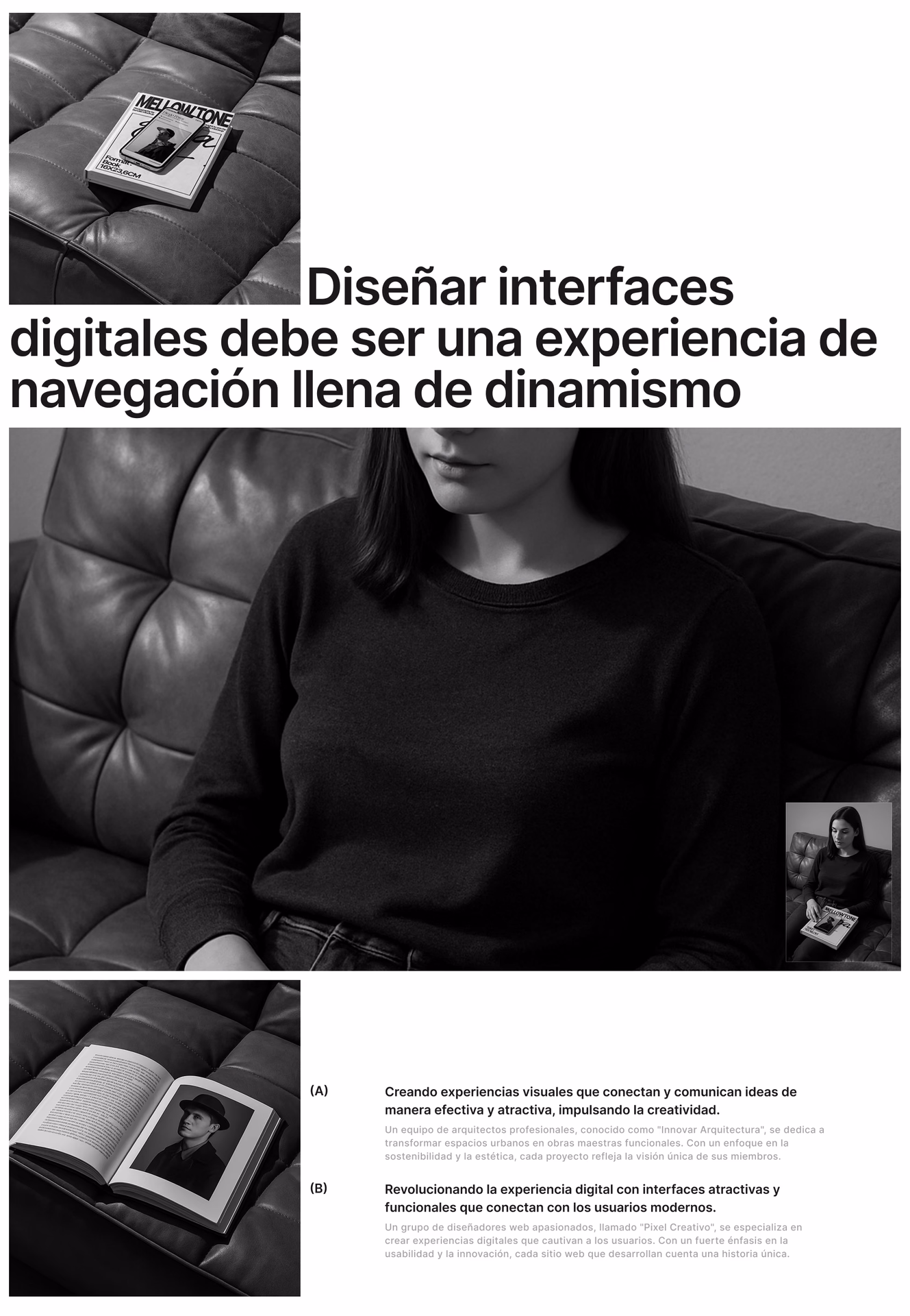 Composición en blanco y negro sobre diseño de interfaces, con fotografías de una revista