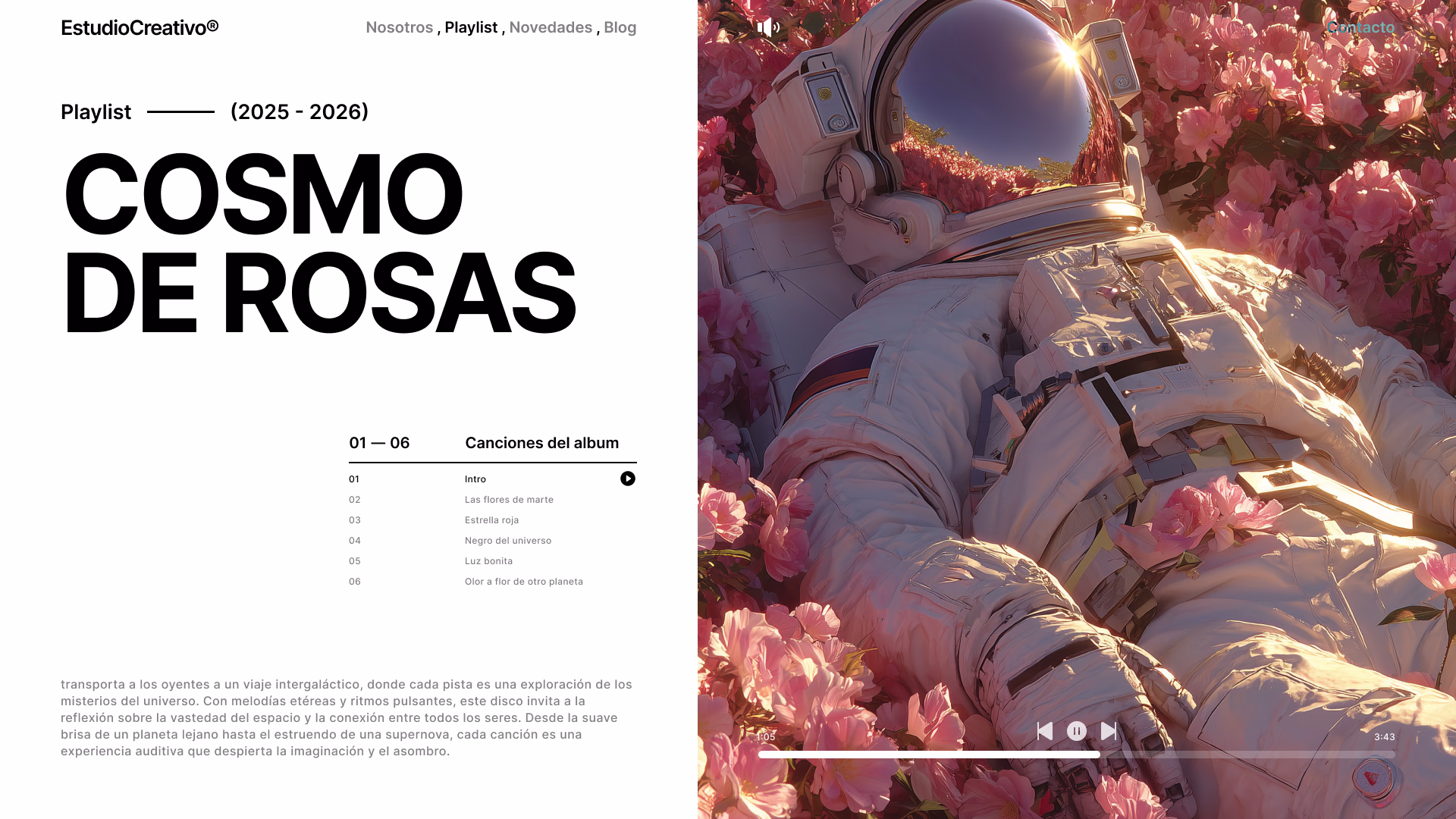 Página de playlist «Cosmo de rosas» con un astronauta recostado entre flores