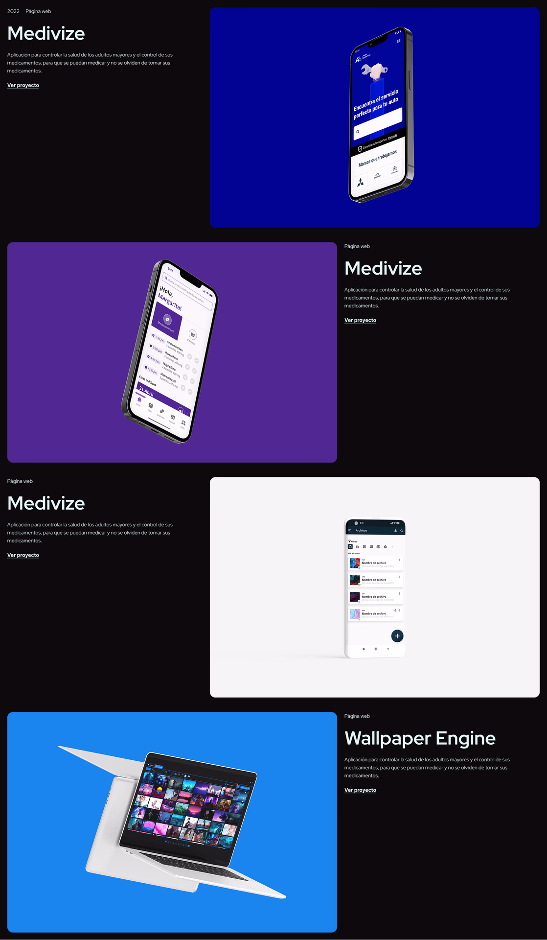 Listado de proyectos con mockups de Medivize y Wallpaper Engine