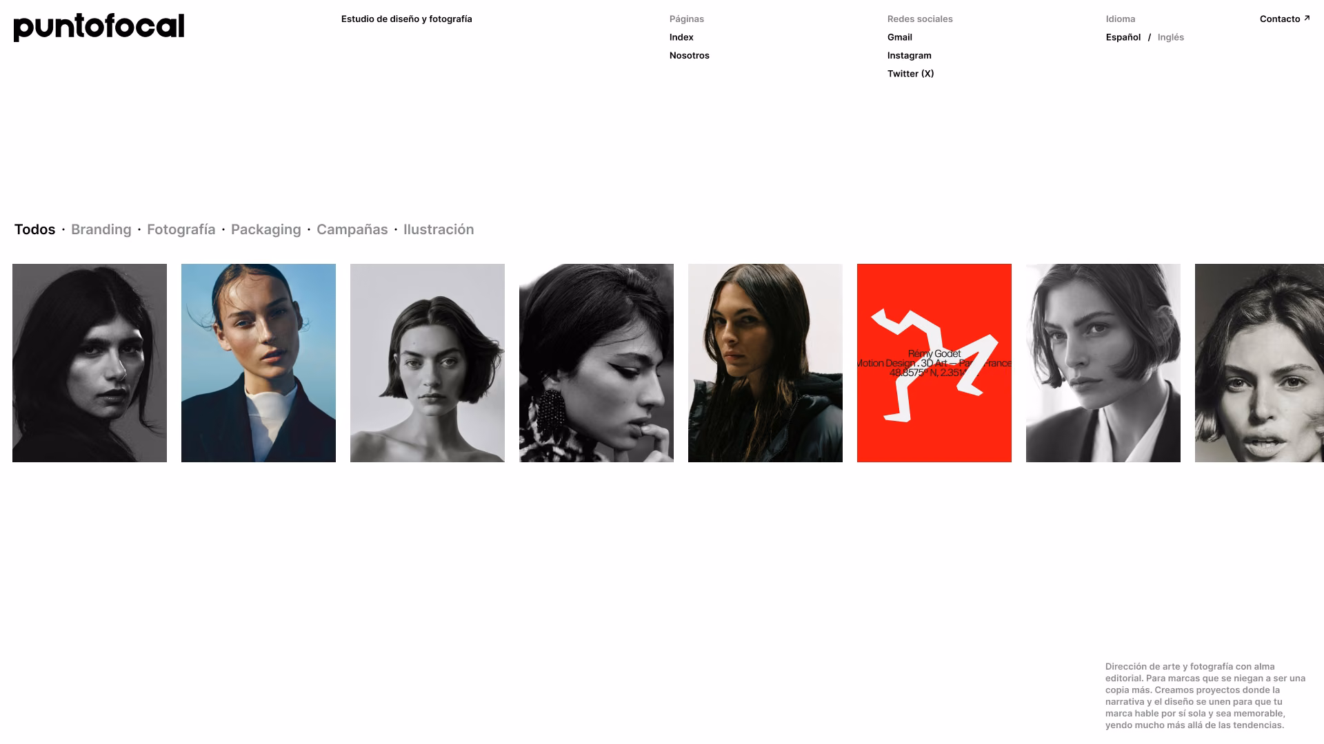 Portada de Puntofocal: índice de proyectos con filtros por categoría y carrusel de retratos