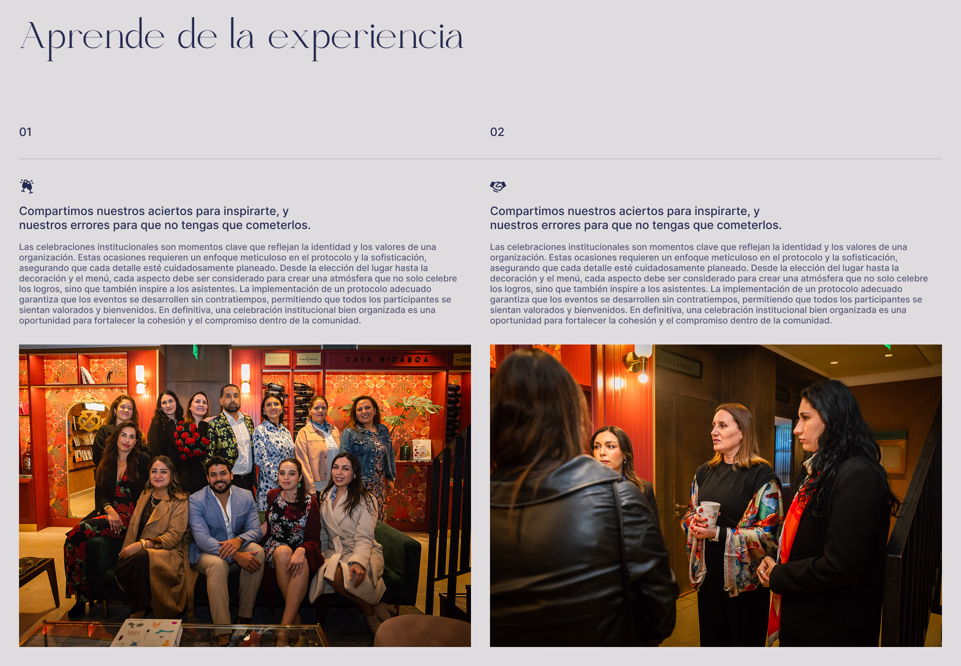 Sección «Aprende de la experiencia» con fotografías de los cursos