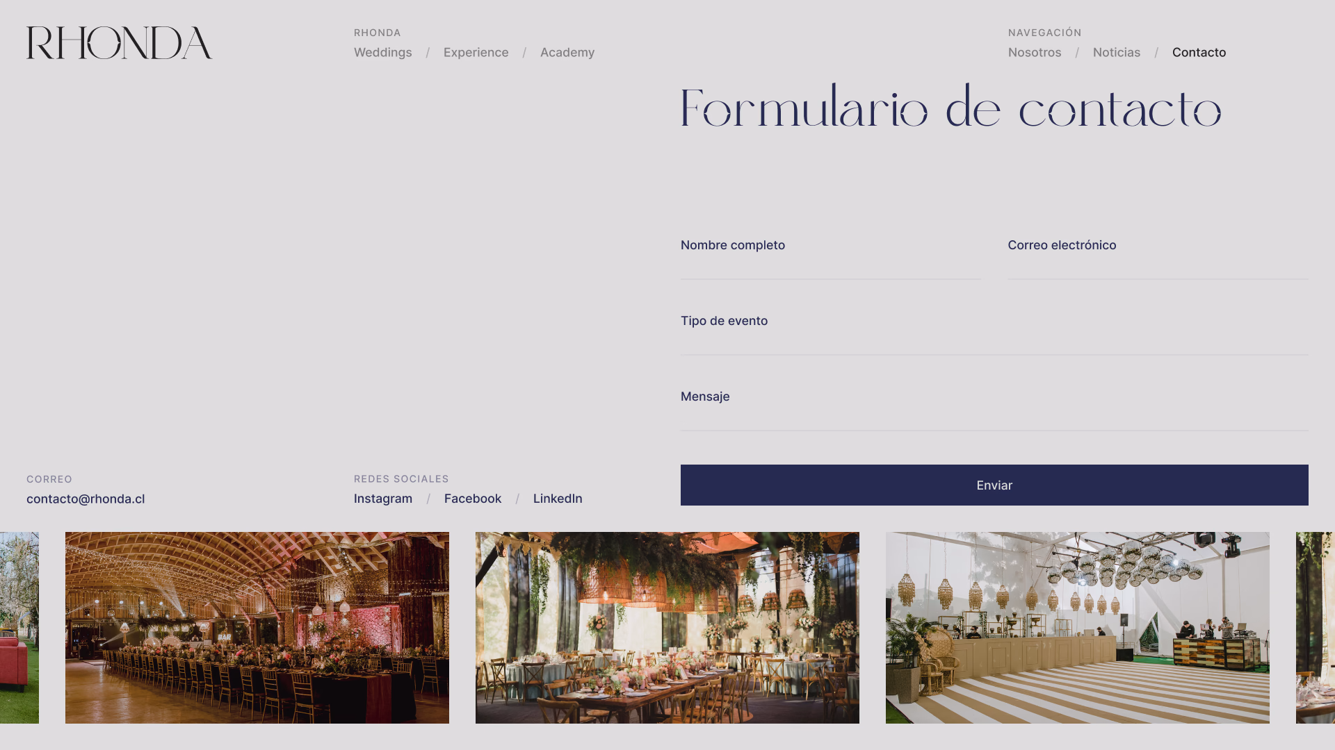 Formulario de contacto con galería de eventos