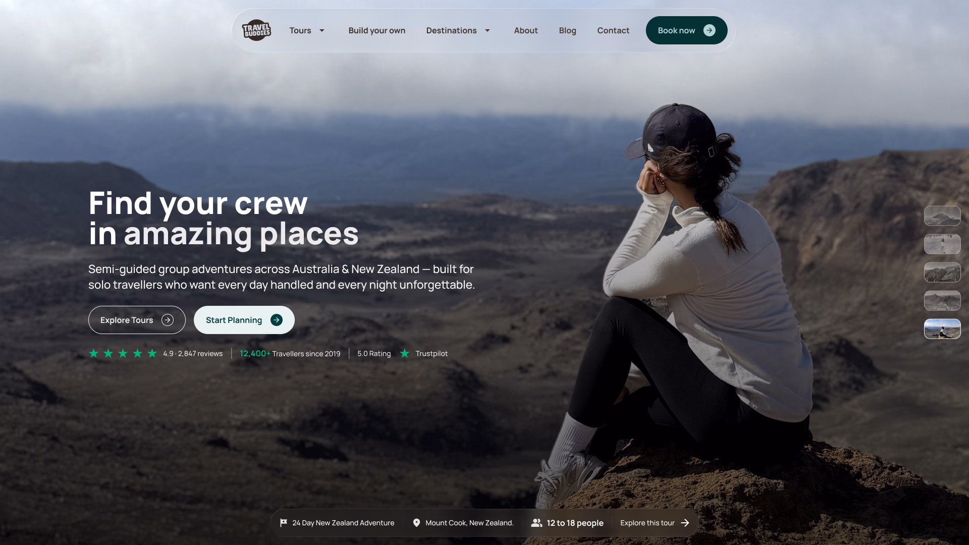 Portada de Travel Buddies: viajera frente a montañas con el título «Find your crew in amazing places»