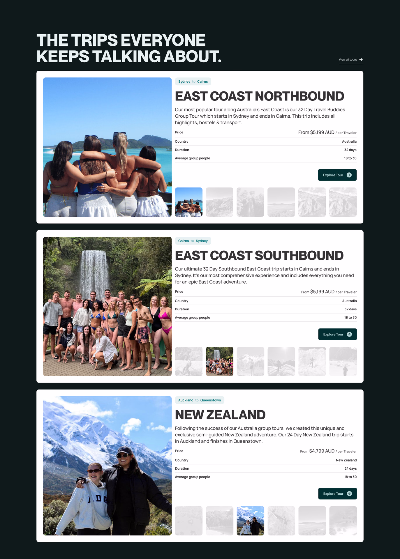 Sección de tours destacados: East Coast y New Zealand
