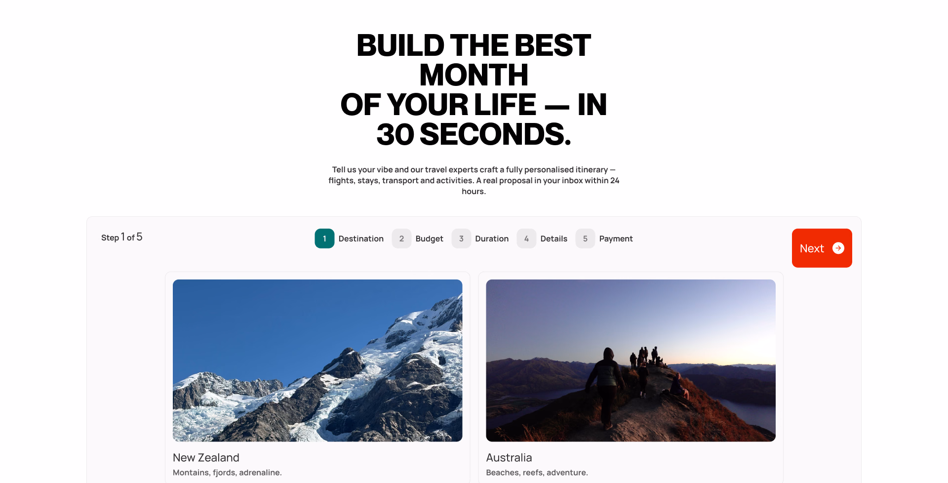 Configurador de viaje «Build the best month of your life in 30 seconds»