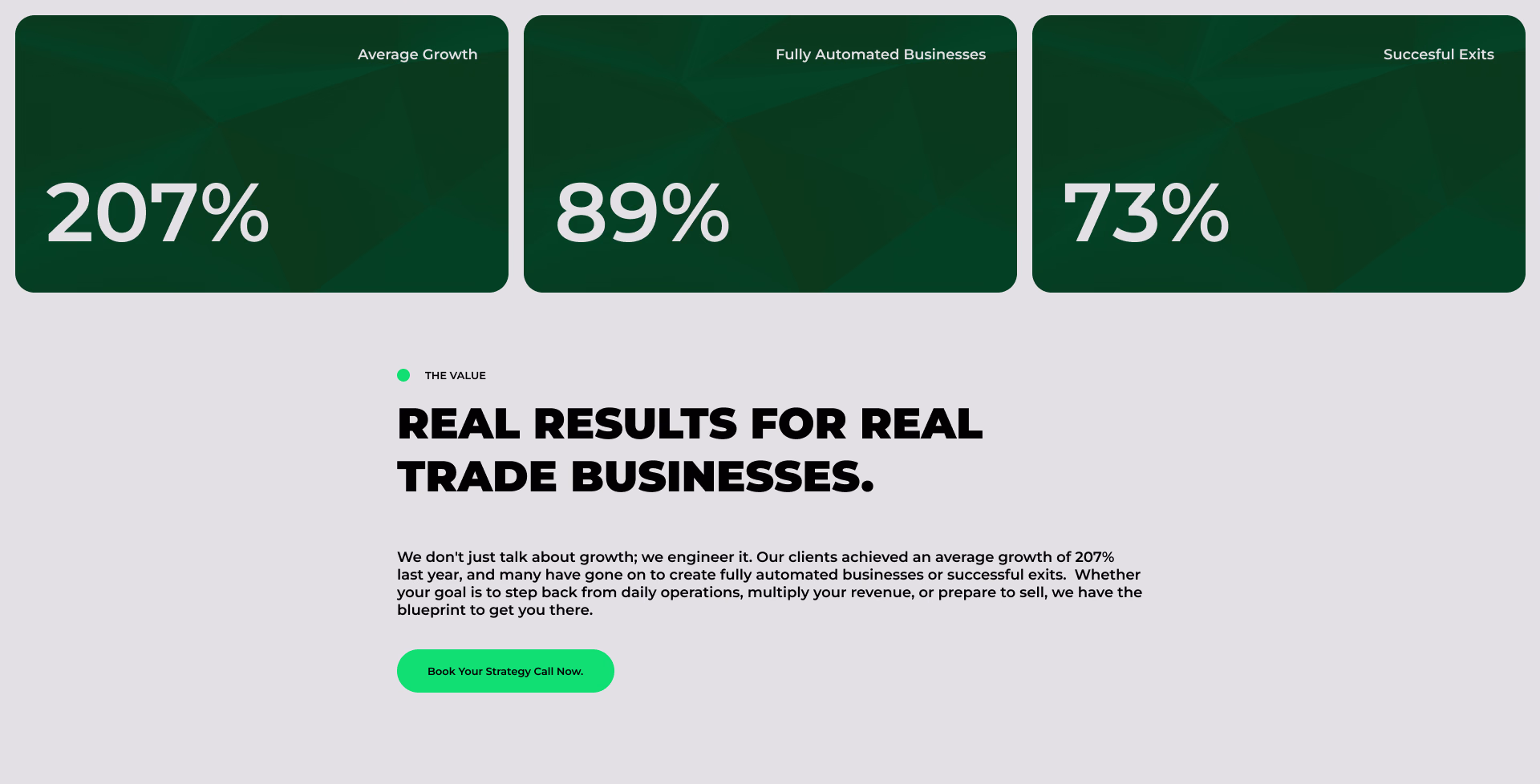 Sección de resultados con cifras de crecimiento de los clientes