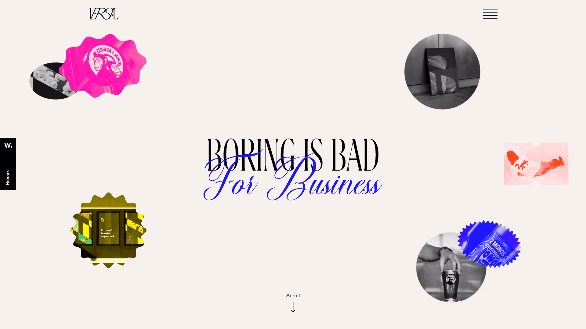 Portada de Versal: «Boring is bad for business» con objetos gráficos flotando